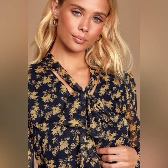 Lulus Lanae Navy Blue and Yellow Floral Print Button-Up Top - Picture 3 of 7
